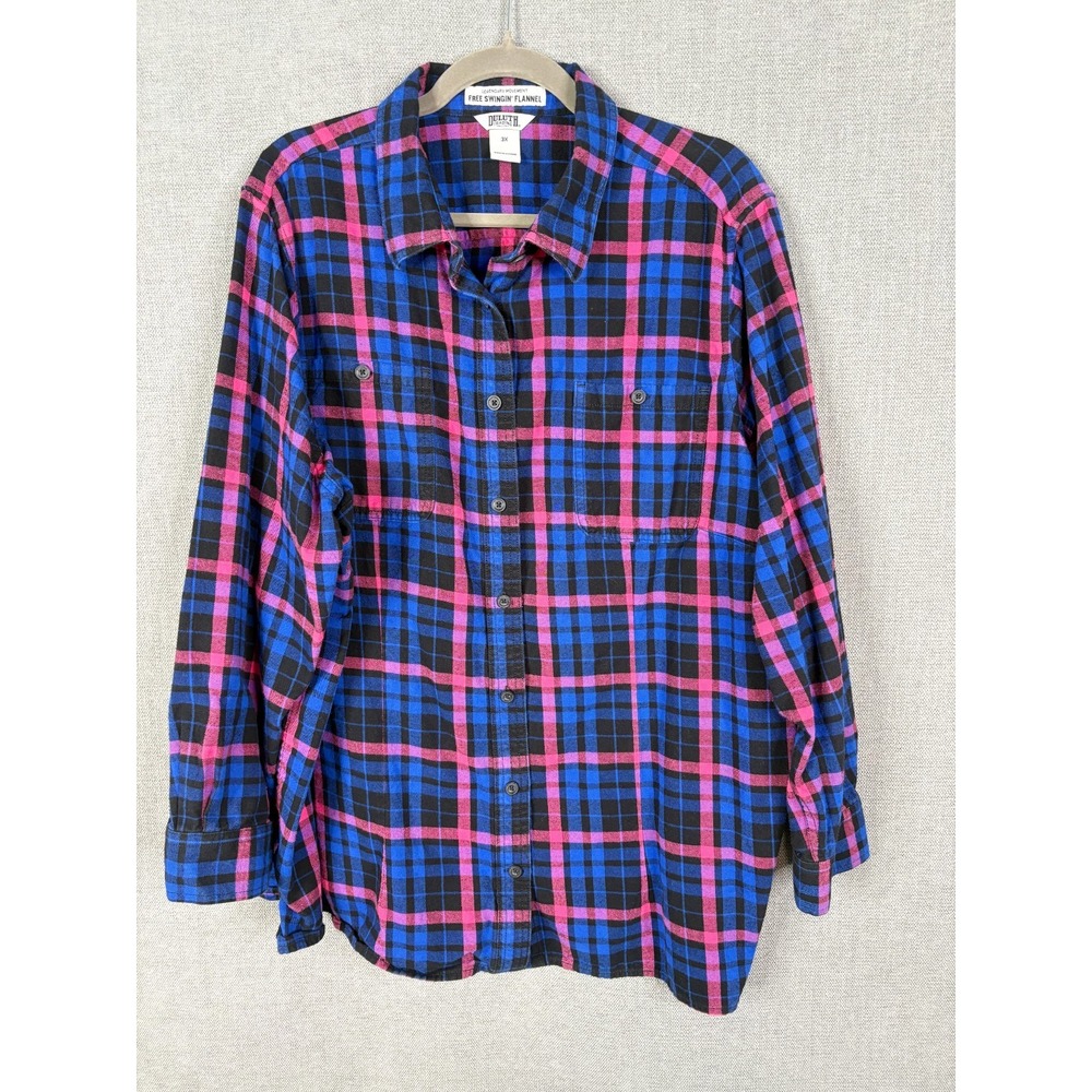 Duluth Trading Top Women 3X Blue Pink Plaid Free Swingin Flannel Button Up Shirt